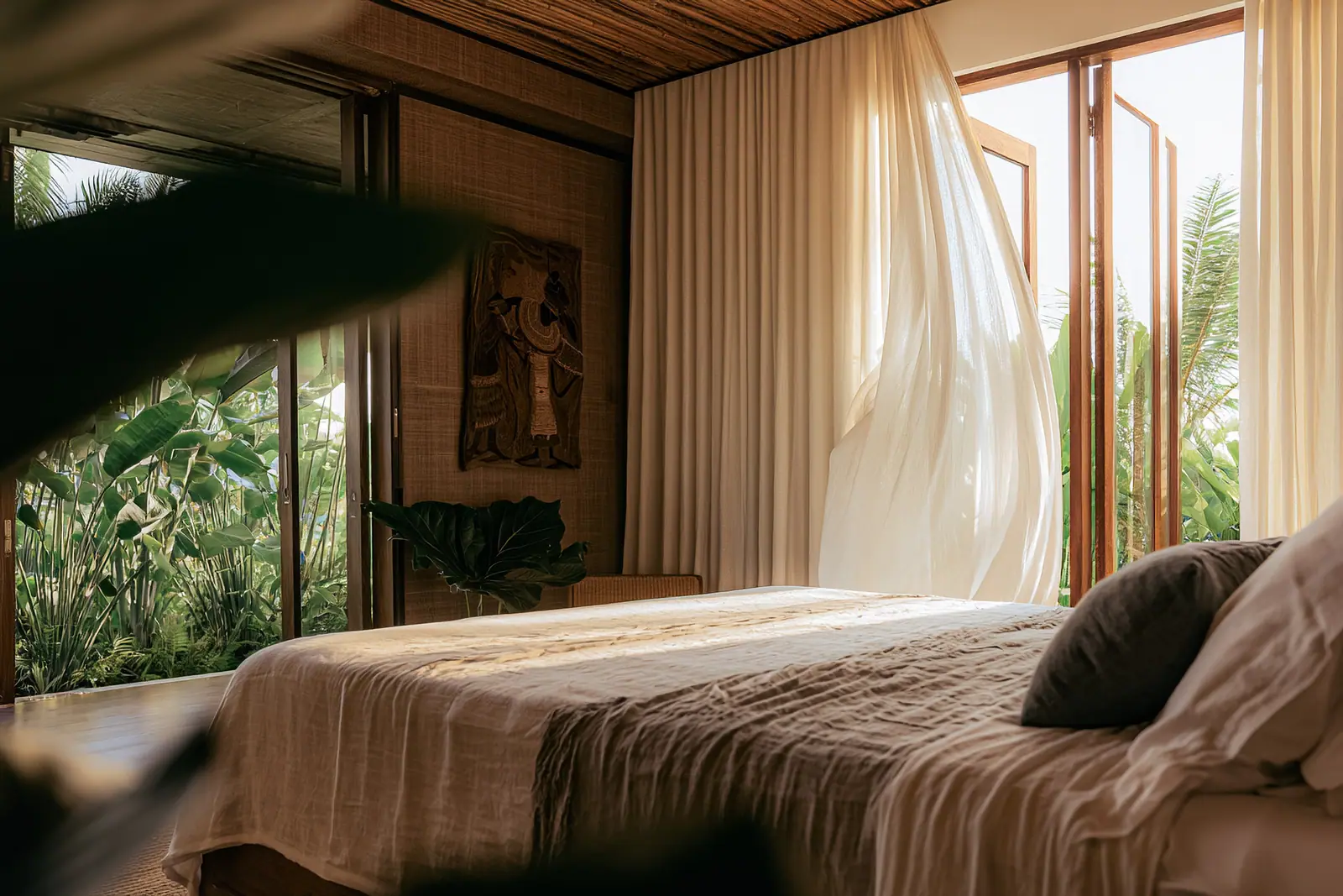 Hotel bedroom with linen curtains moving in the breeze