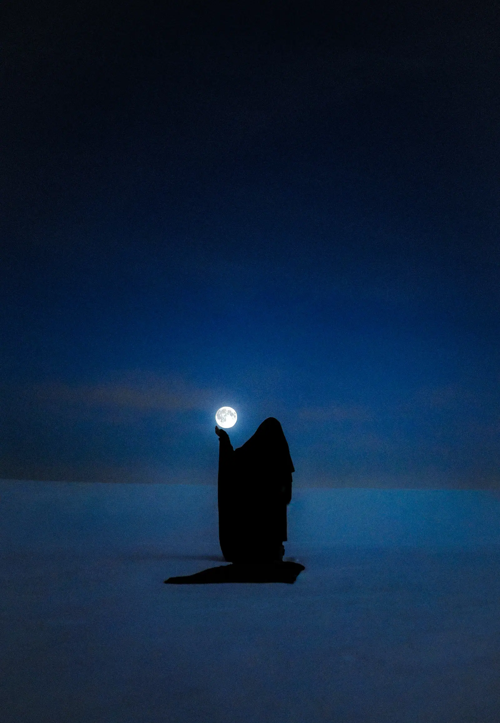 Silhouette holding the moon in a blue night landscape